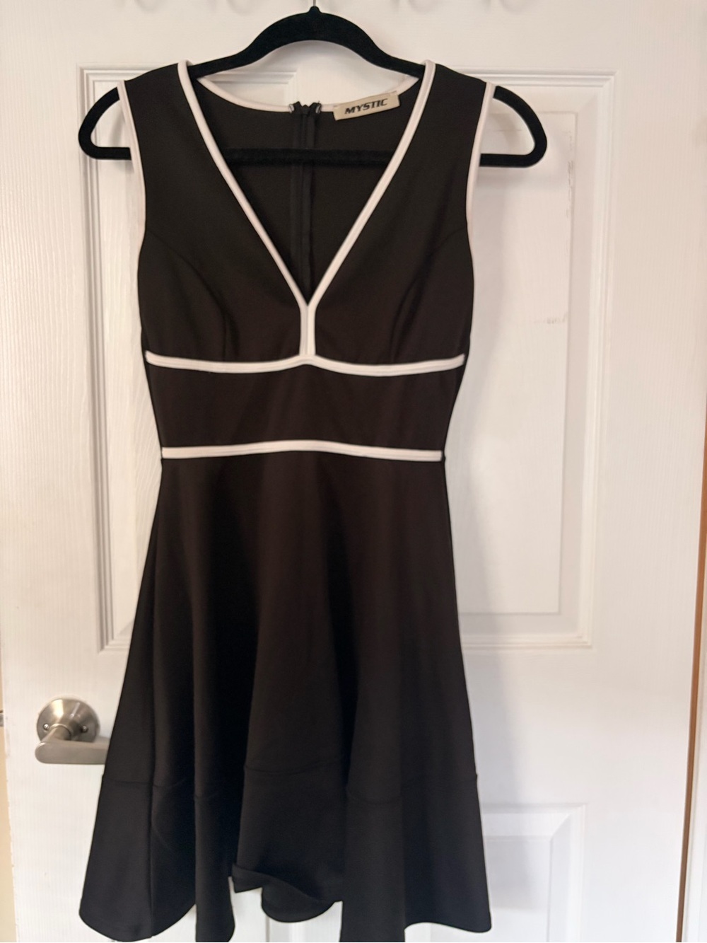 Mystic Black Dress with White Trim V-Neck Fit & Flare